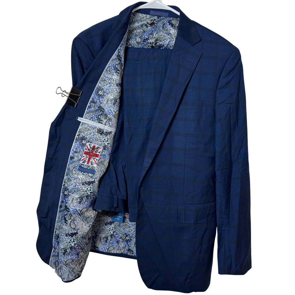 English Laundry Suit Mens 44L Blue Windowpane Plaid Paisley Lining 2pc Set
